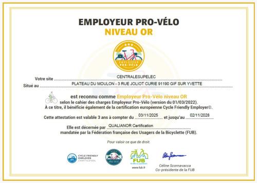 Certificat Employeur Pro Velo niveauOr